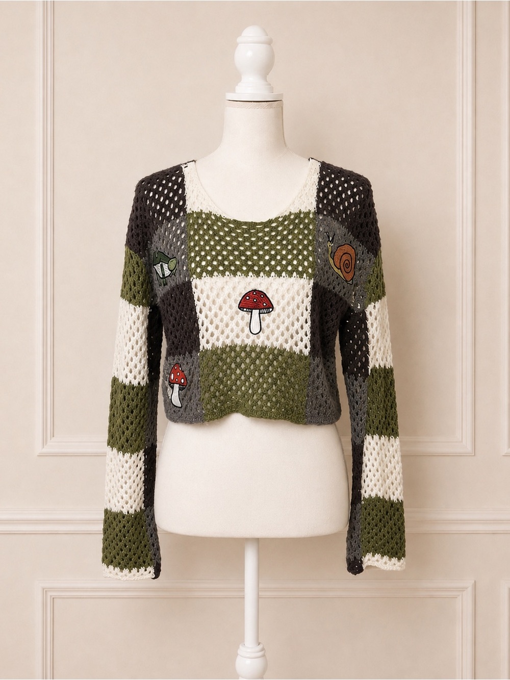Thorn & Fable Mushroom Frog Snail Crochet Crop Sweater Large Cottagecore Granola